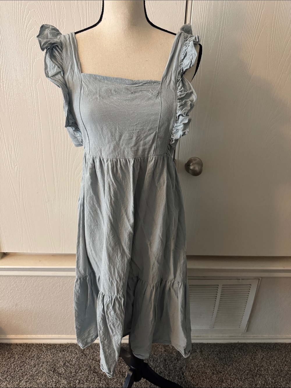 Light Blue Ruffled Square-Neck Midi Dress - Women